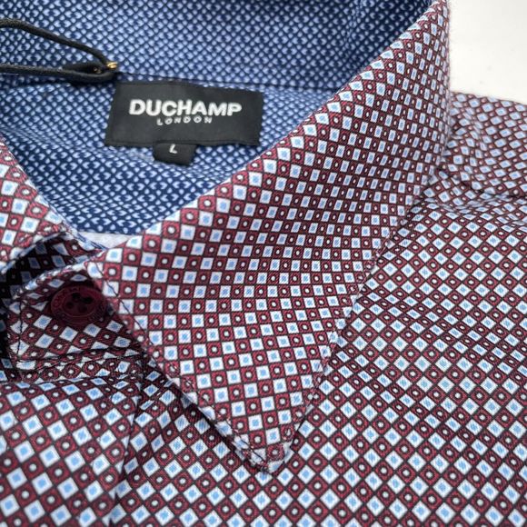 Duchamp Button Down Shirt Mens Large Blue Red Geometric Long Sleeve‎ Knit NEW - Picture 4 of 12